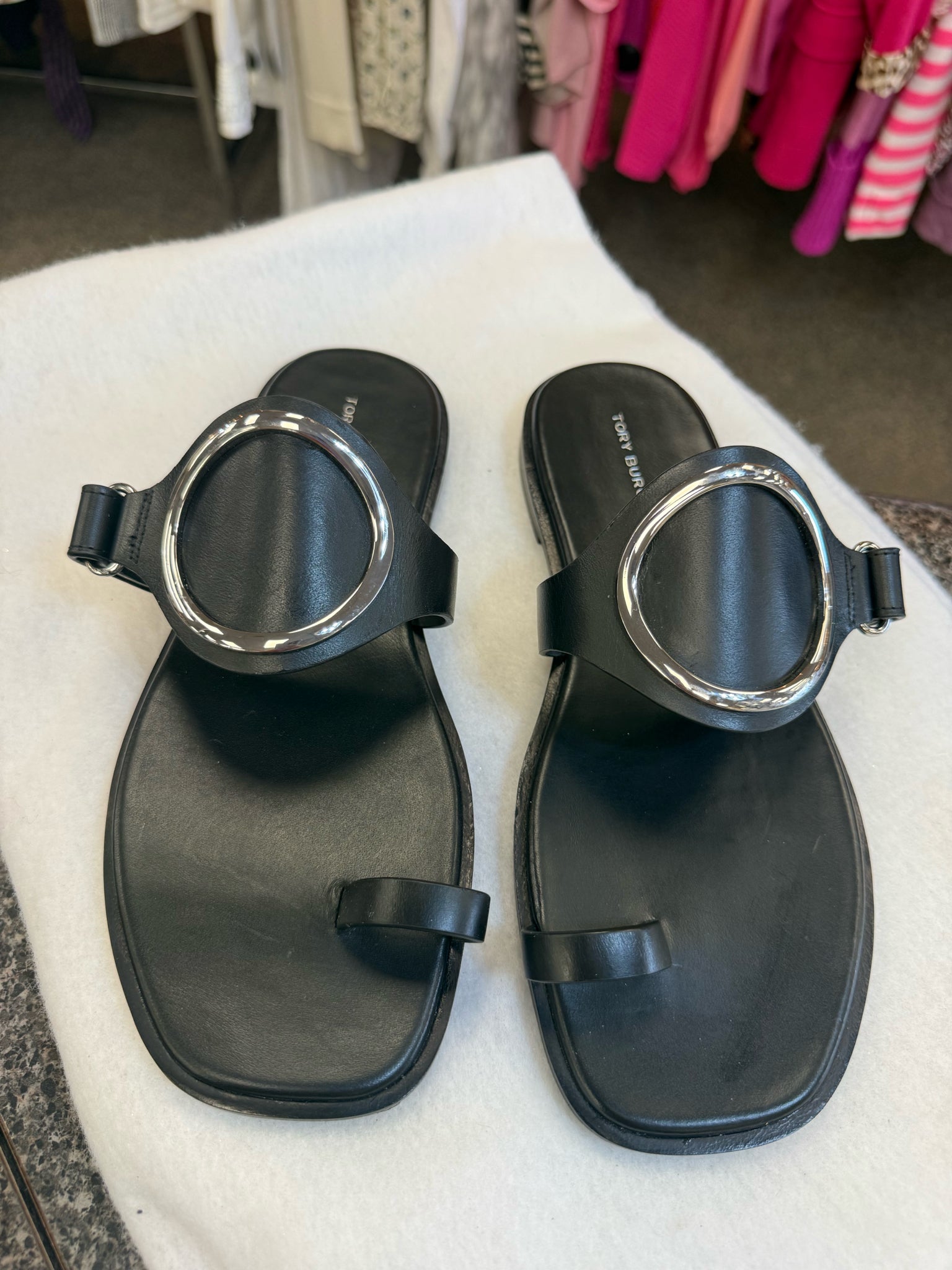 New Without Tag TORY BURCH Black Silver Trim Size 7 Designer Sandal