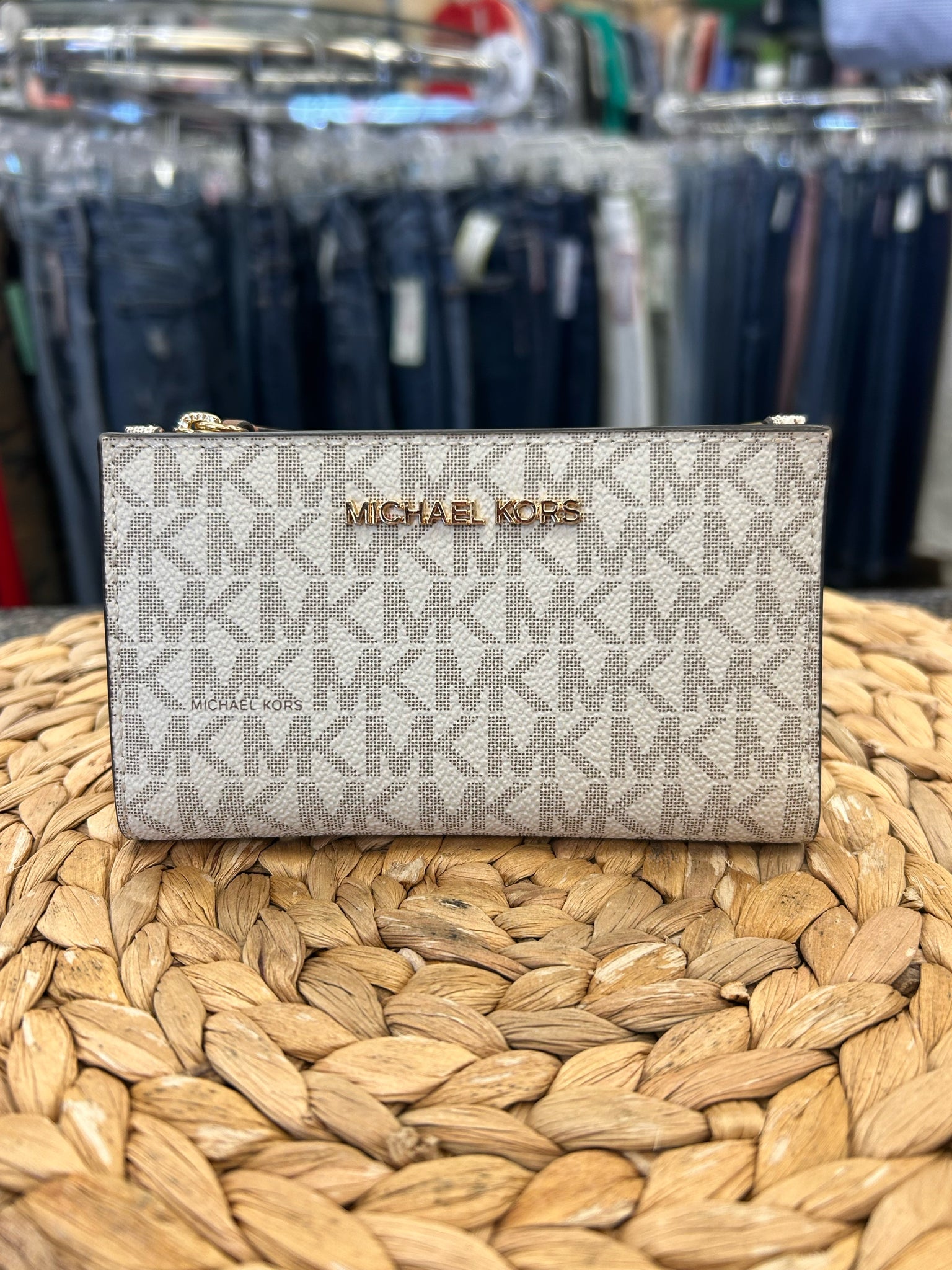 New Without Tag MICHAEL KORS White Brown Trim Designer Credit Card Holder