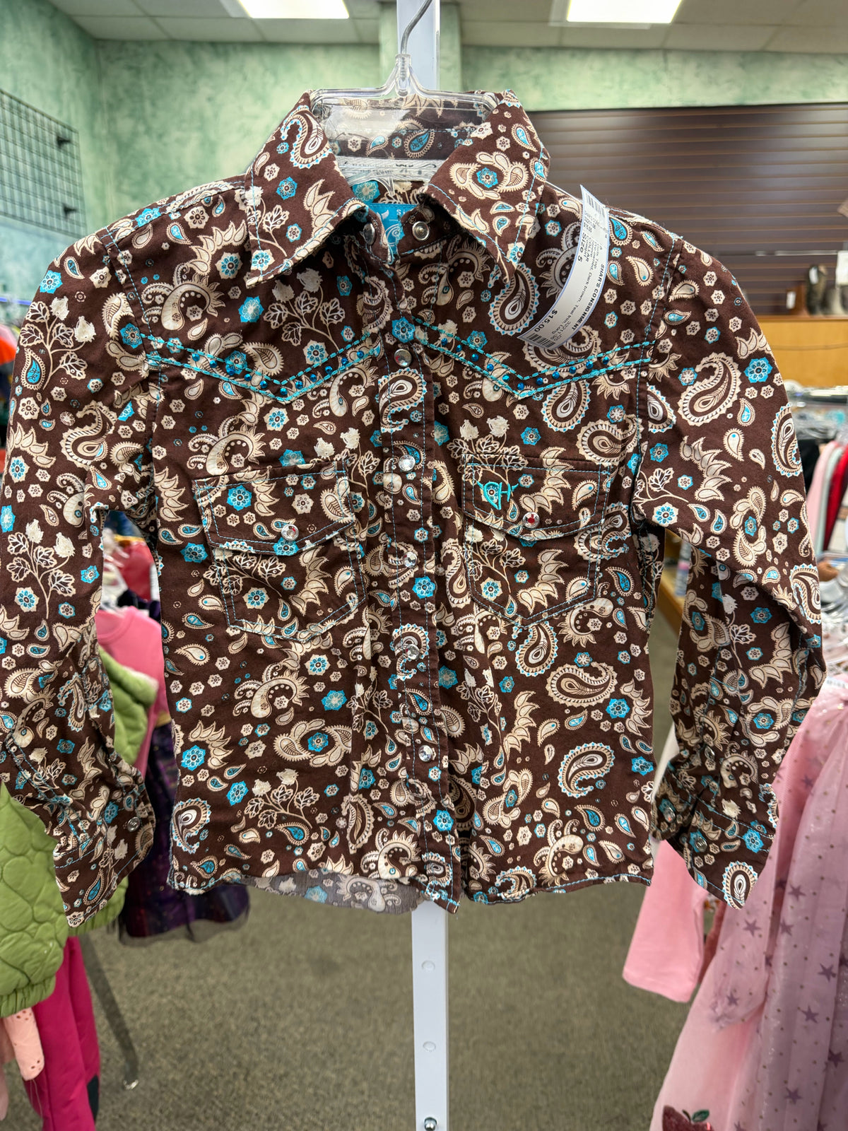 Pre-owned Cowgirl Dark brown Teal trim Size 5 Long Sleeve Girls Top