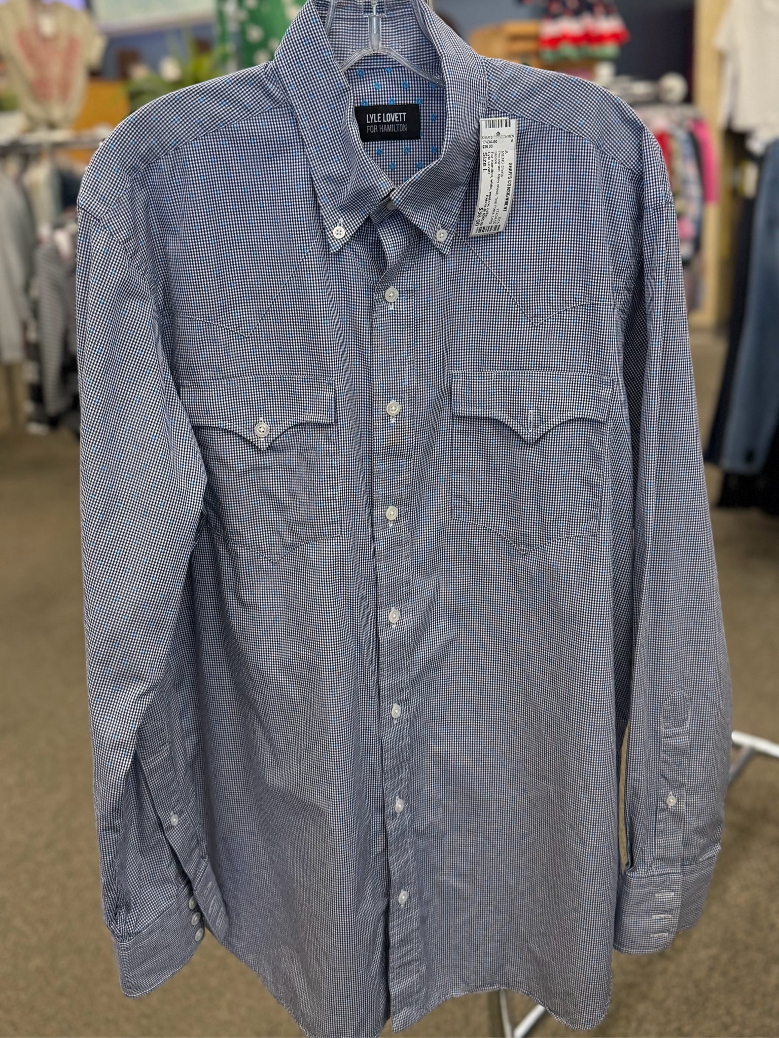 Pre-owned Lyle Lovett Navy check Teal Polka Men Size L Long Sleeve MENS Shirts