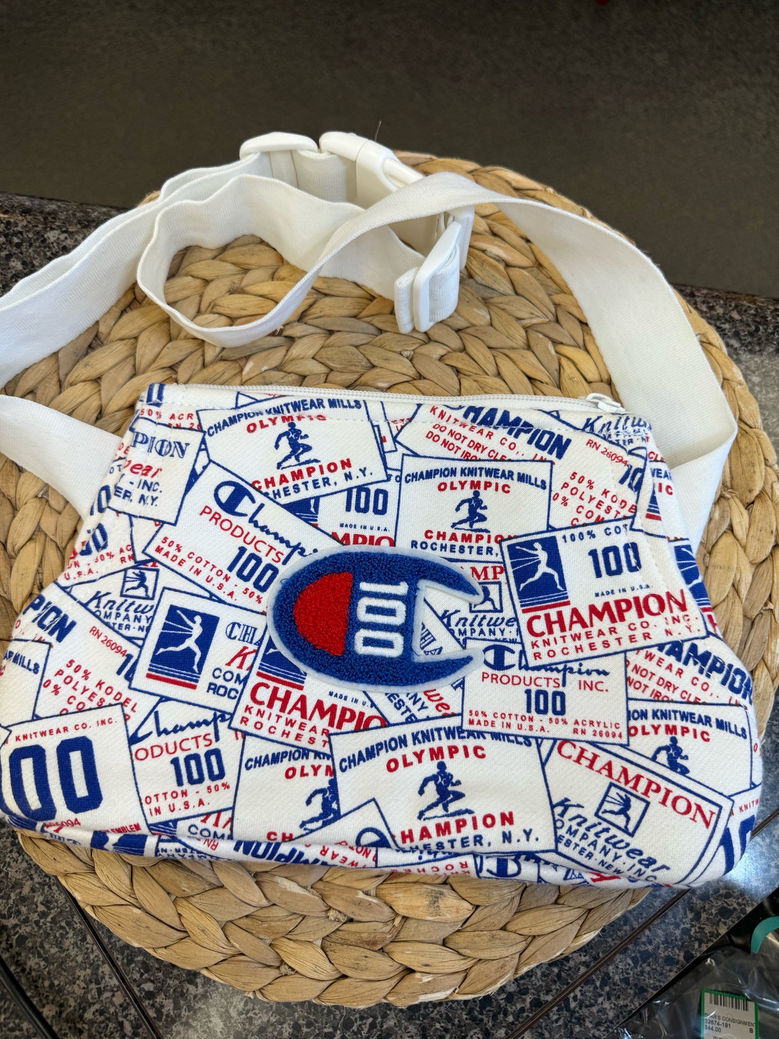 Pre-owned CHAMPION White Blue Print M Fanny Pack Purse