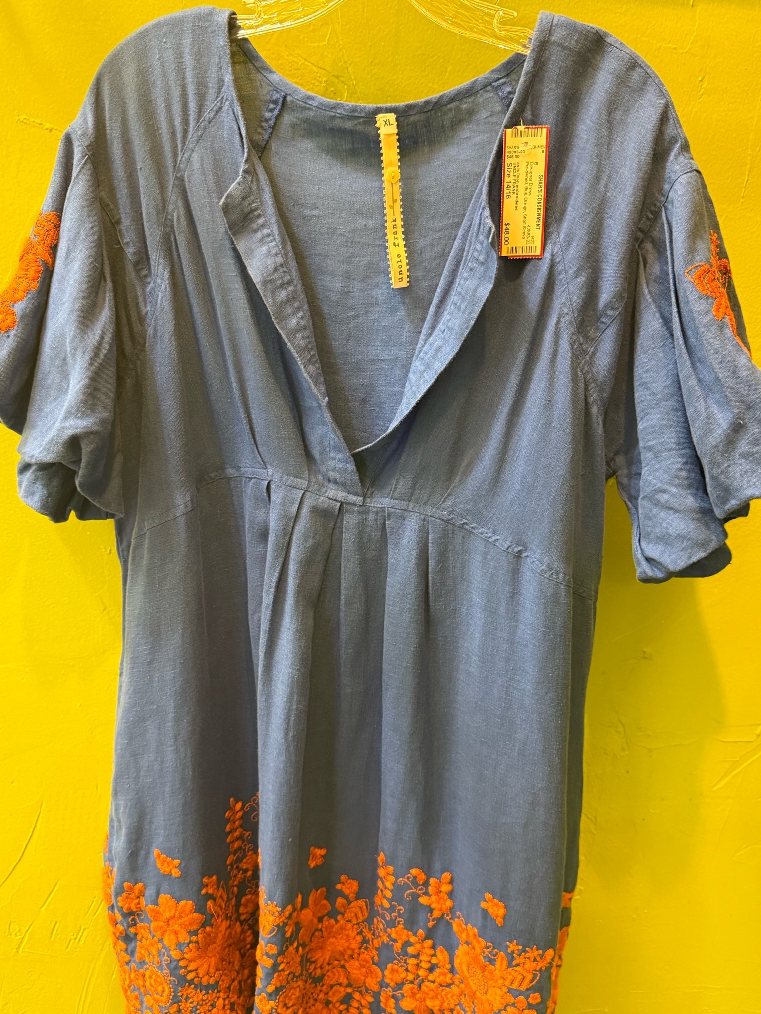 Pre-owned UNCLE FRANK Blue Orange Size 14/16 Short Sleeve Designer Dress