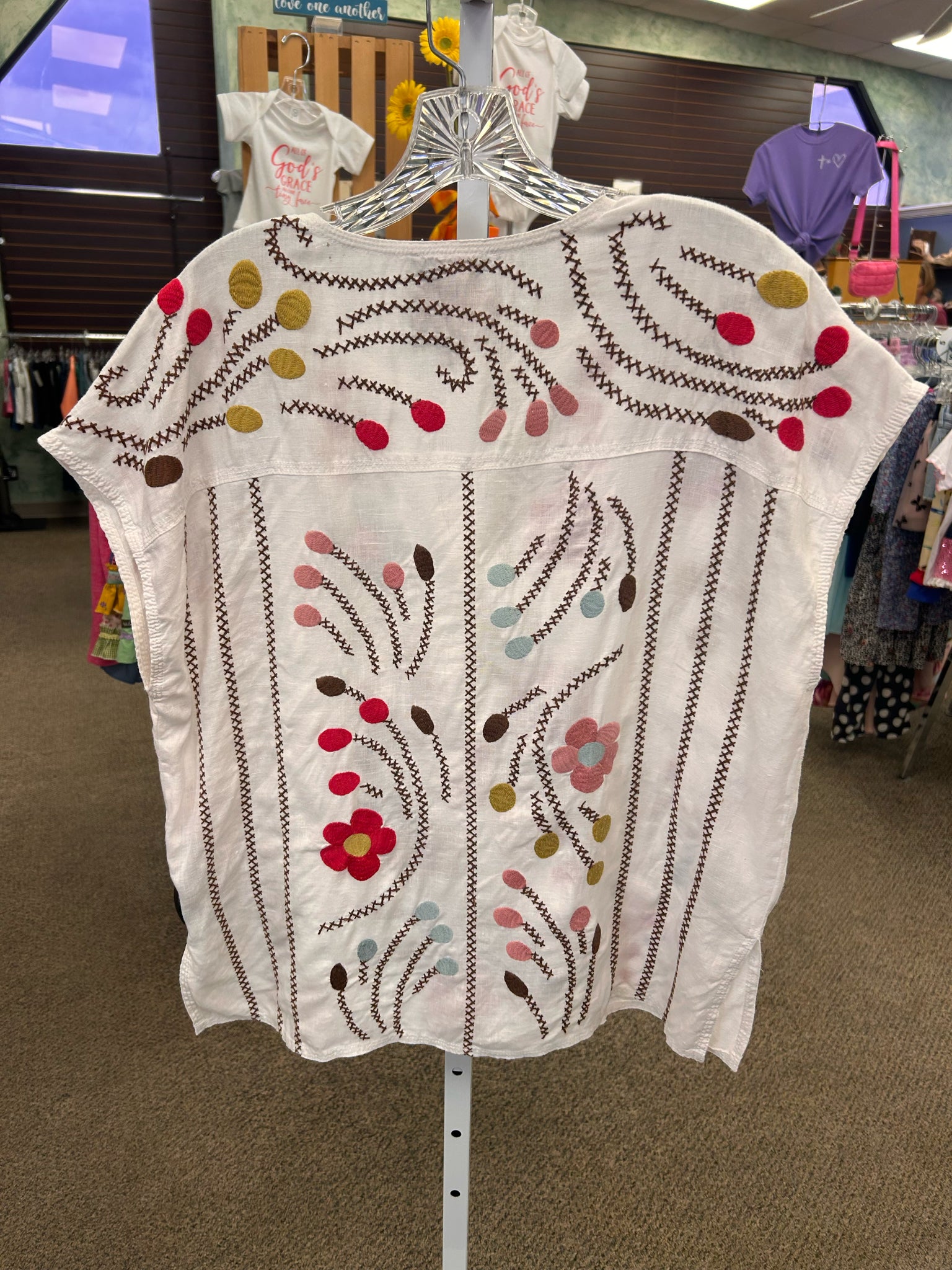 Pre-owned JOHNNY WAS White Pink Floral Size: M Short Sleeve Blouse