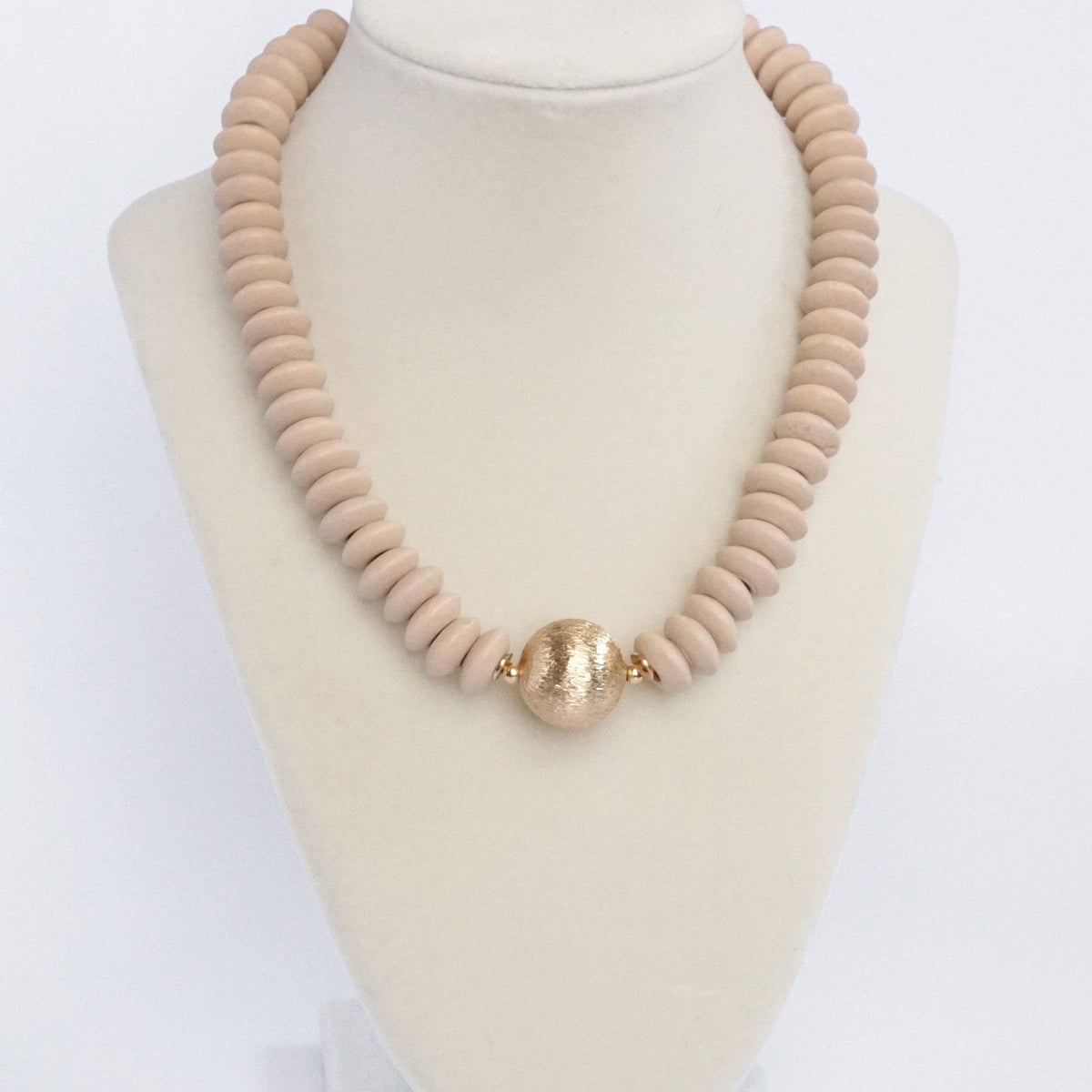 Wood Saucer Beads Short Statement Necklace Gold center Hot Pink Beige Turquoise: Black