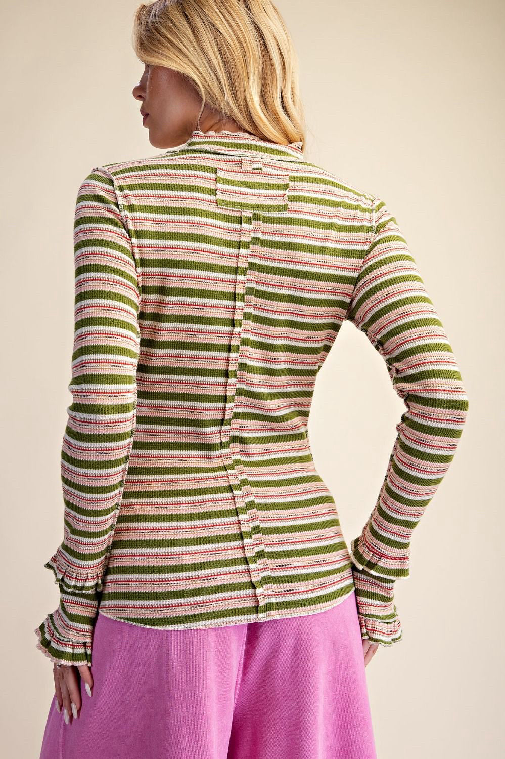 New EASEL Dark Olive Pink Stripe Size: S Long Sleeve Blouse