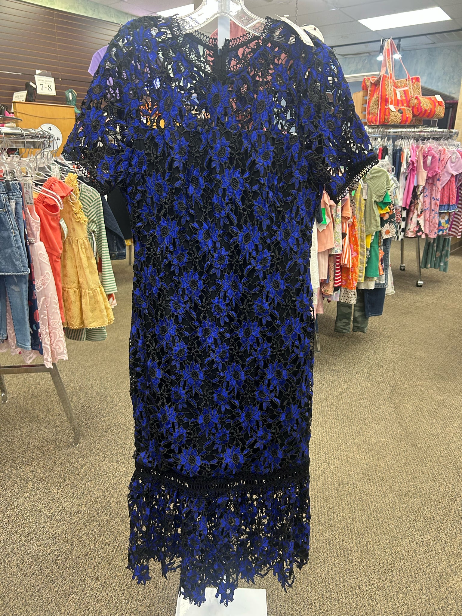 Pre-owned SHOSHANNA Royal Blue Black lace Size 10 Short Sleeve Designer Dress