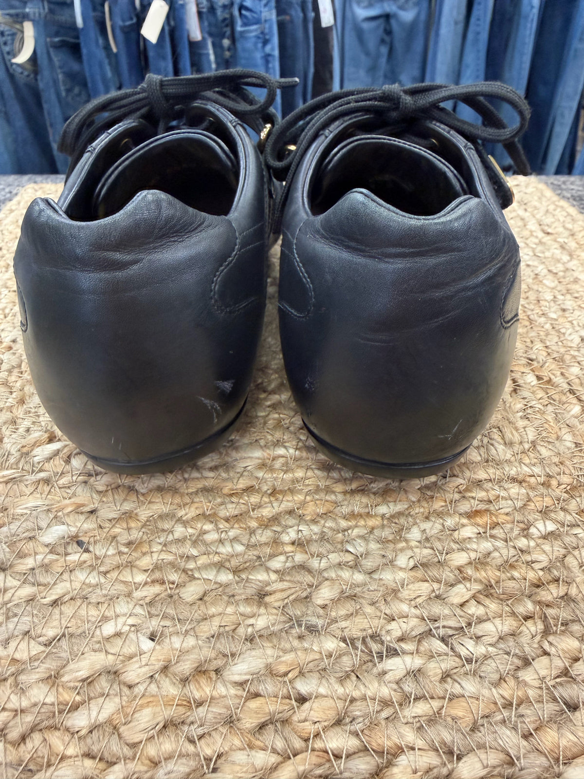 Pre-owned LOUIS VUITTON Black Gold Trim Size 6.5 Designer Sneaker