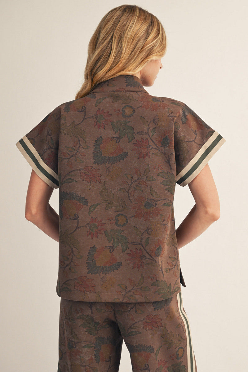 New JODIFL Brown floral Cream Trim Dr Size S Short Sleeve PantSet