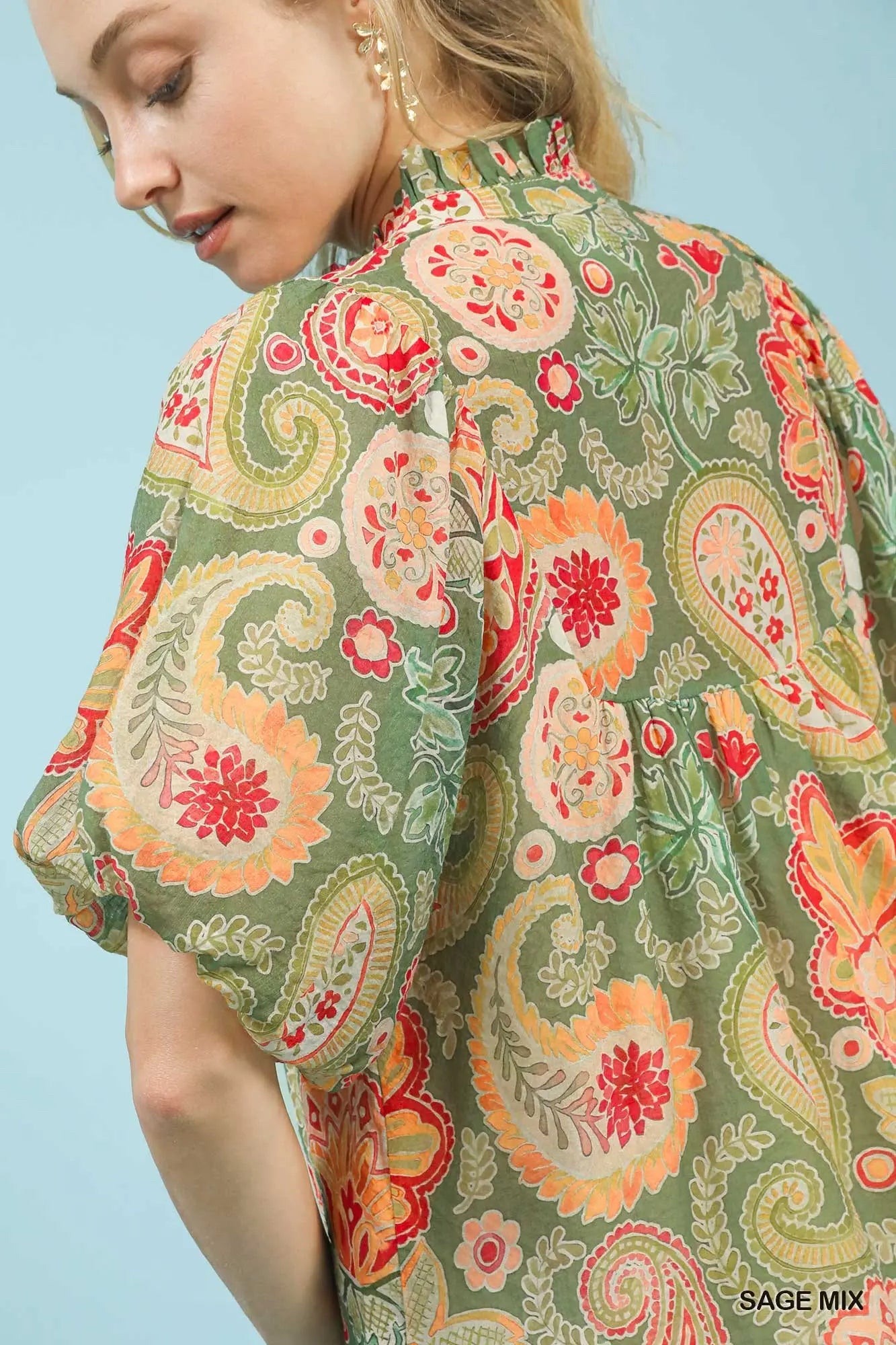 New UMGEE Green Peach Floral Size: S Short Sleeve Blouse