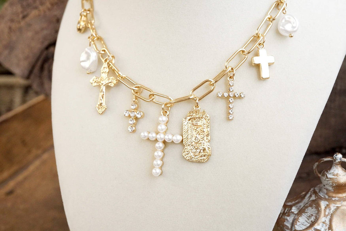 Radiant Faith β Mixed Charm Cascade Necklace in Gold Tone