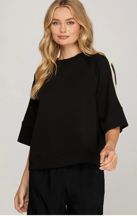 New SHE+SKY Black Cream Trim Dr Size S Short Sleeve PantSet