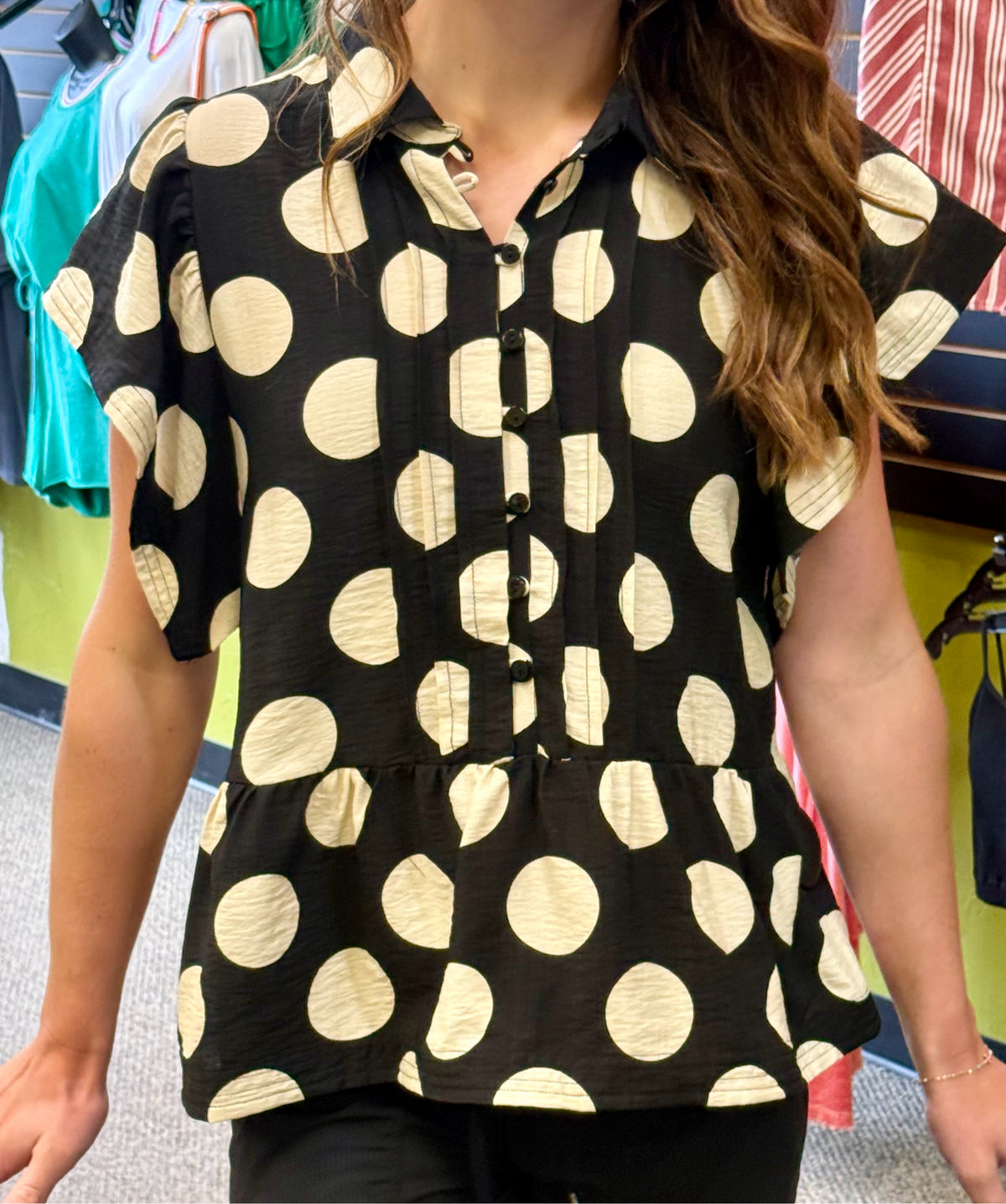 New EASEL Black Cream Polka Size: S Short Sleeve Blouse