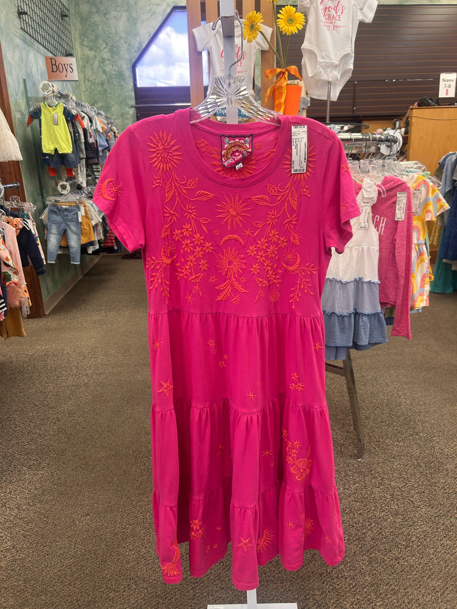 Pre-owned JOHNNY WAS Hot pink Coral Floral Size 6 Short Sleeve Dress