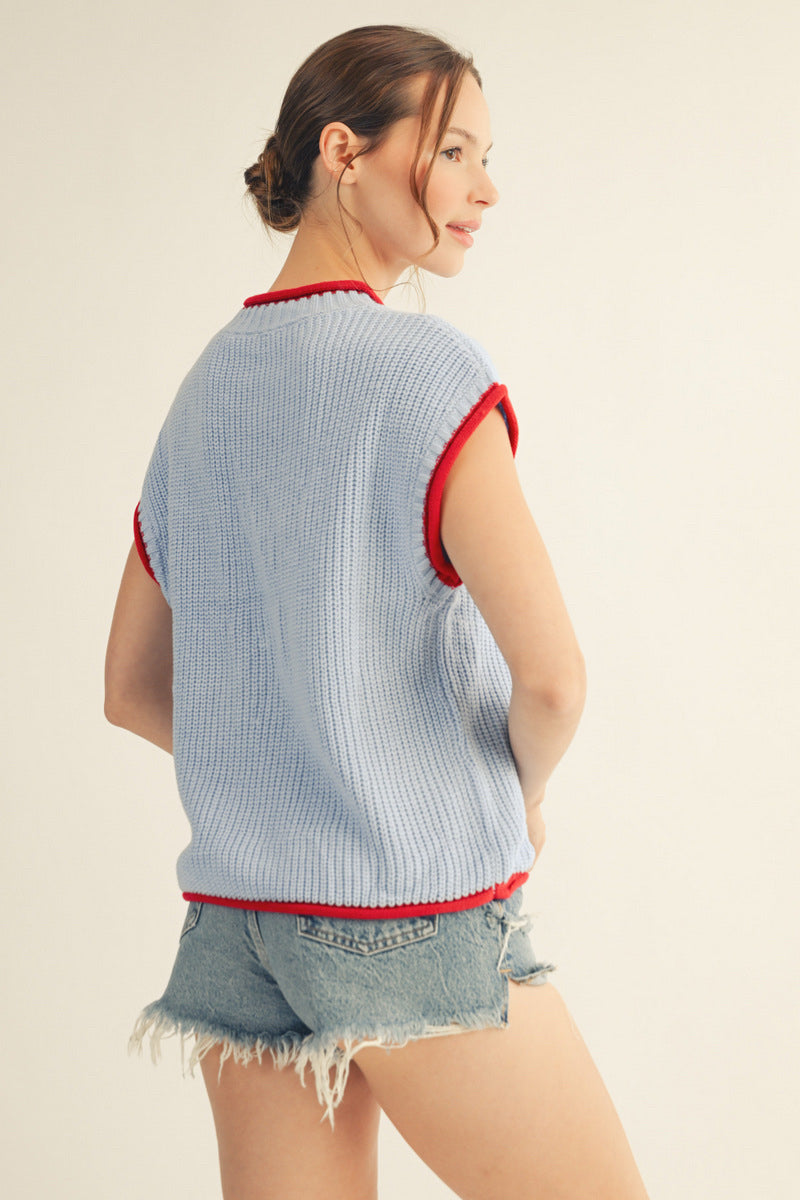 New JODIFL Light blue Red Trim Size S Short Sleeve Sweater