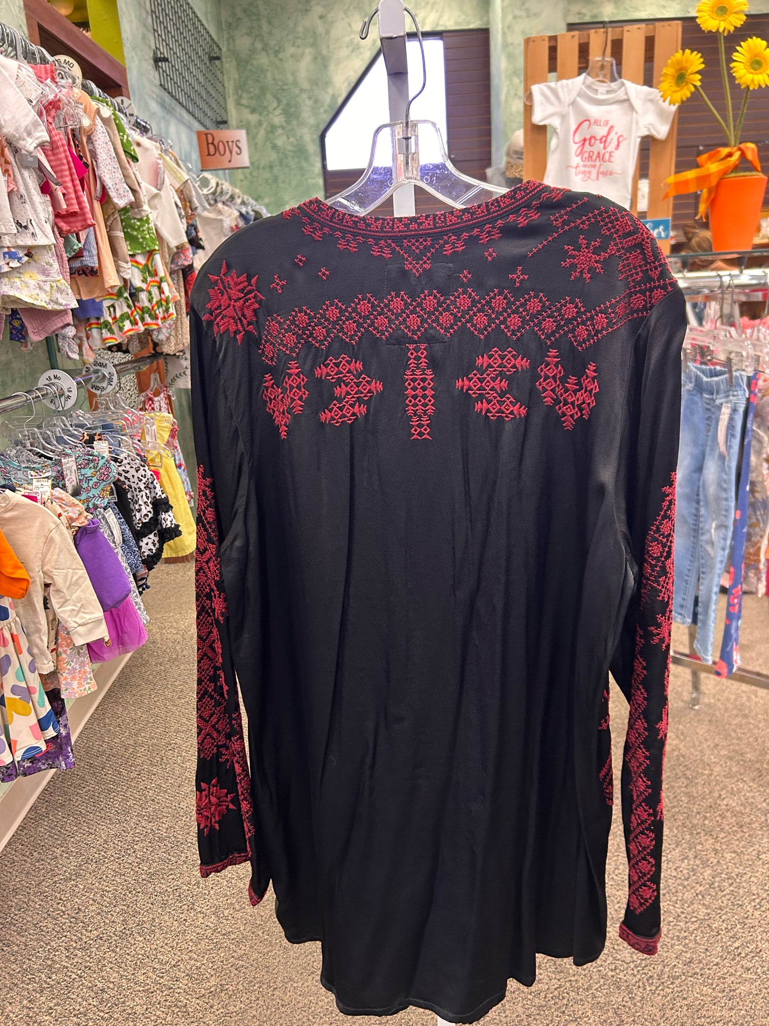 Pre-owned JOHNNY WAS Black Maroon Long Sleeve Size: L Designer Blouse