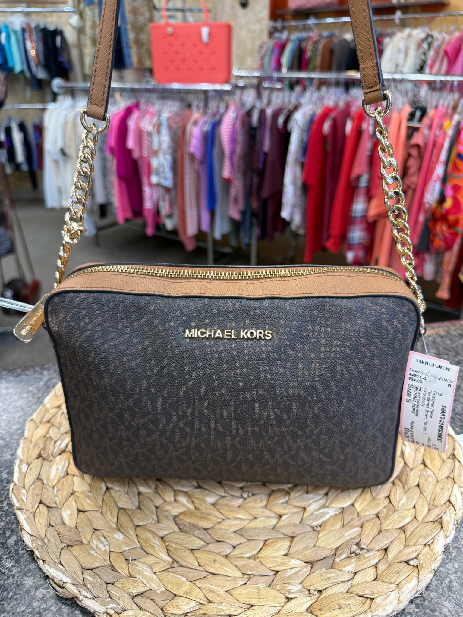 Pre-owned MICHAEL KORS Brown Tan Trim Crossbody Designer Purse
