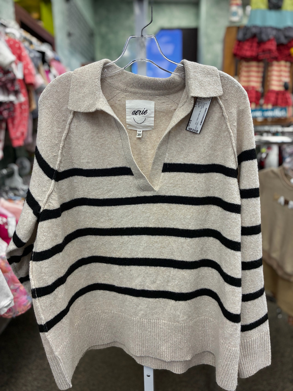 Pre-owned AERIE Tan Black Stripe Size L Long Sleeve Sweater