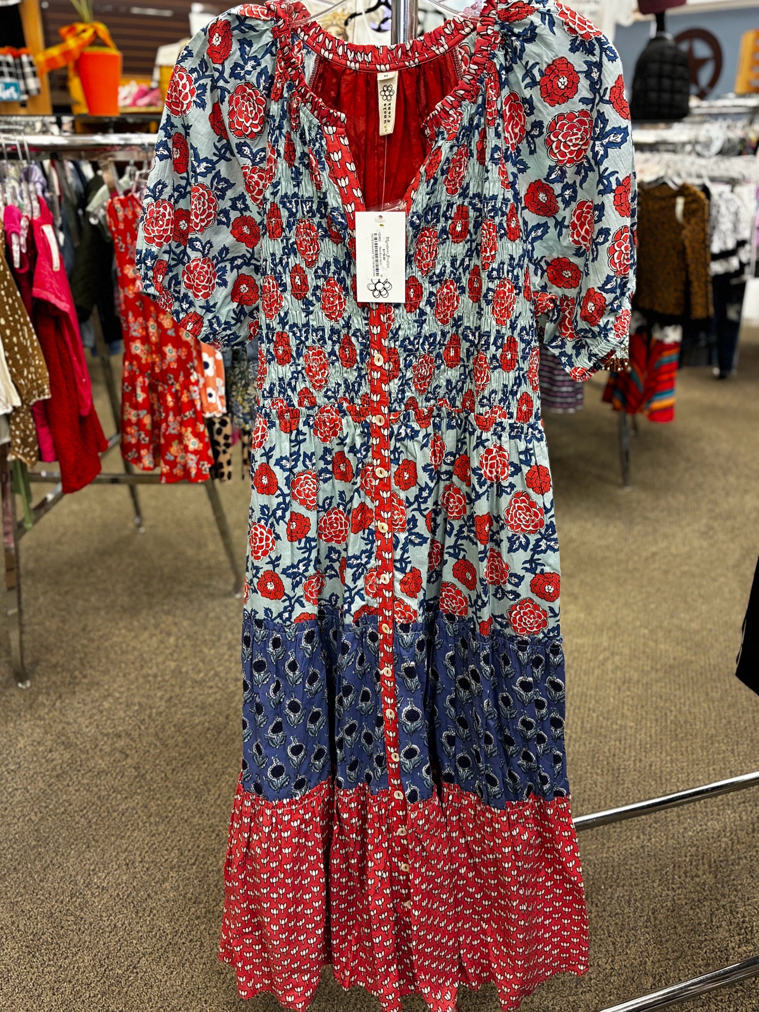 New with Tag UNCLE FRANK Light Aqua Red Floral Size 8 Designer Dress