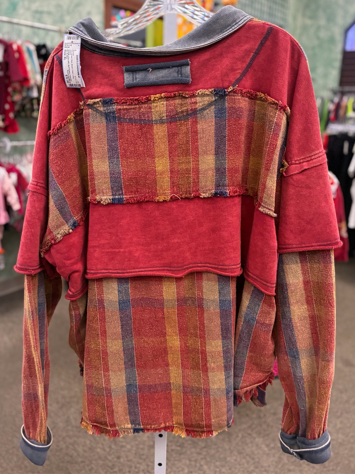 Pre-owned OLI & HALI Red Brown Plaid Size: XL Long Sleeve Blouse