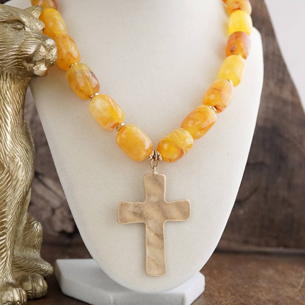 Chunky Statement Necklace – Acrylic Beads Gold Cross Necklace: Seaglow Amber