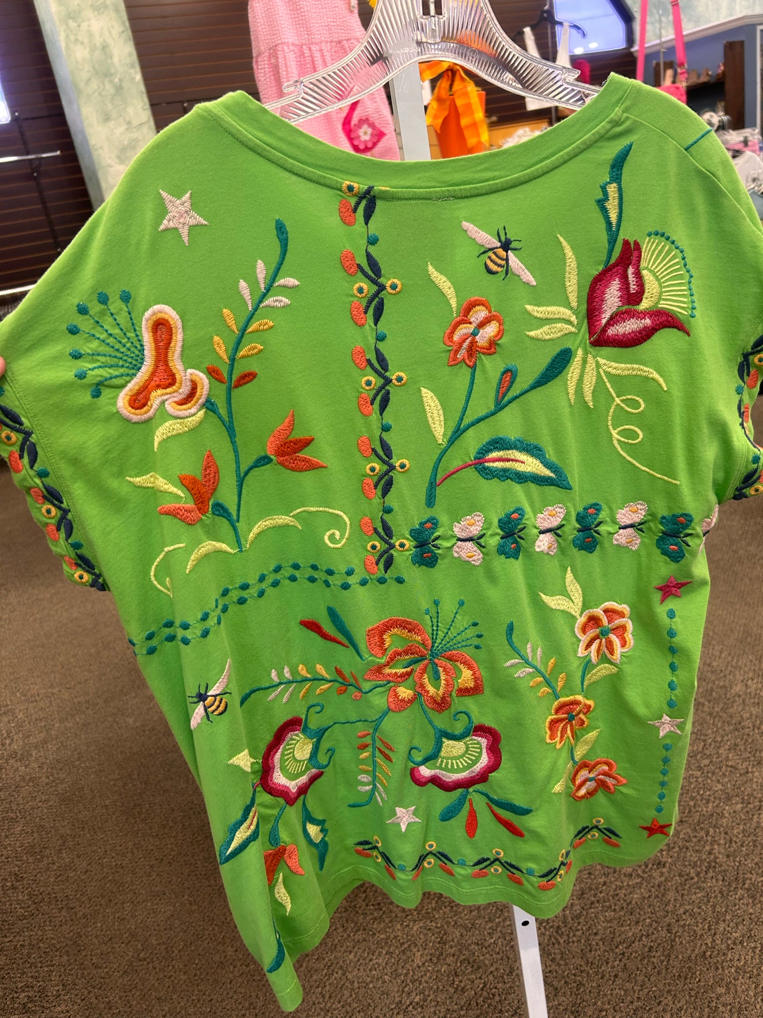 Pre-owned JOHNNY WAS Green Floral Print Short Sleeve Size: L Designer Blouse