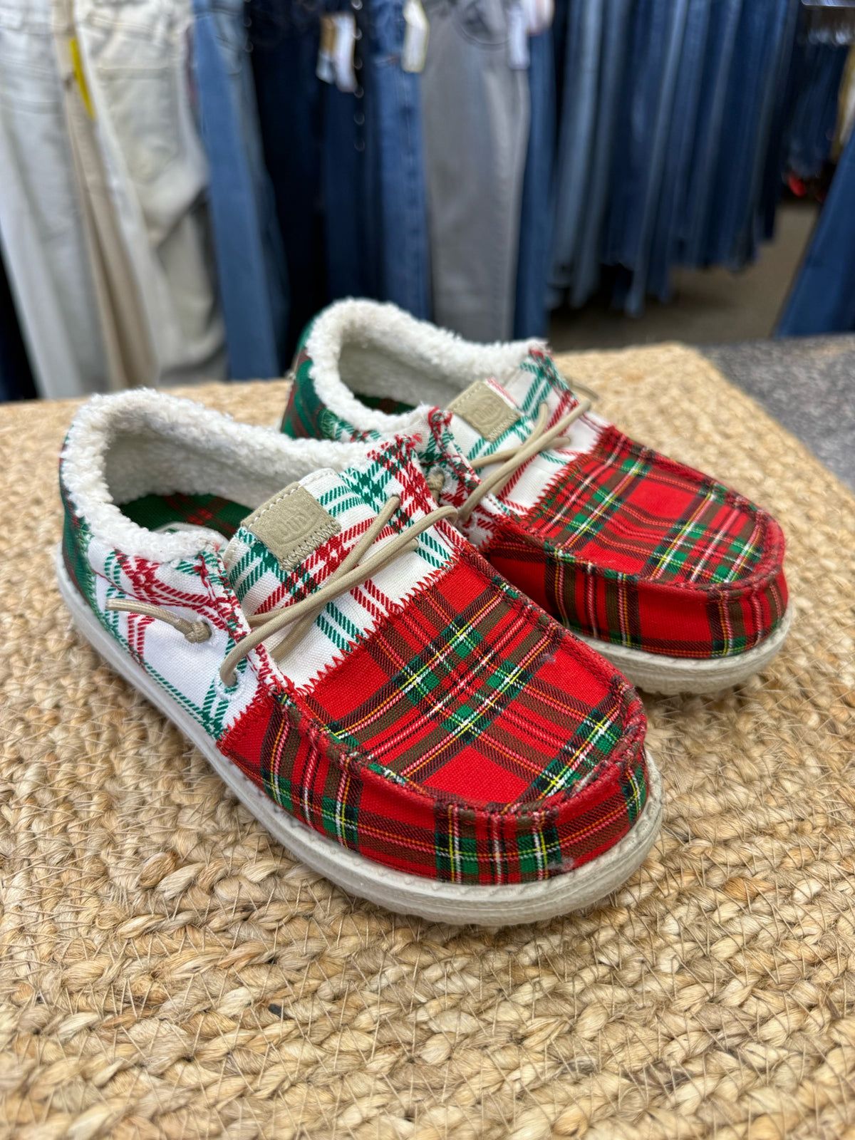 Pre-owned HEY DUDE Red plaid Green Plaid Shoe Size 11 Girls Shoe
