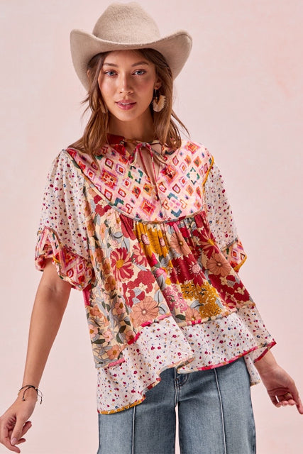 New BIBI Pink print Size S Short Sleeve Blouse