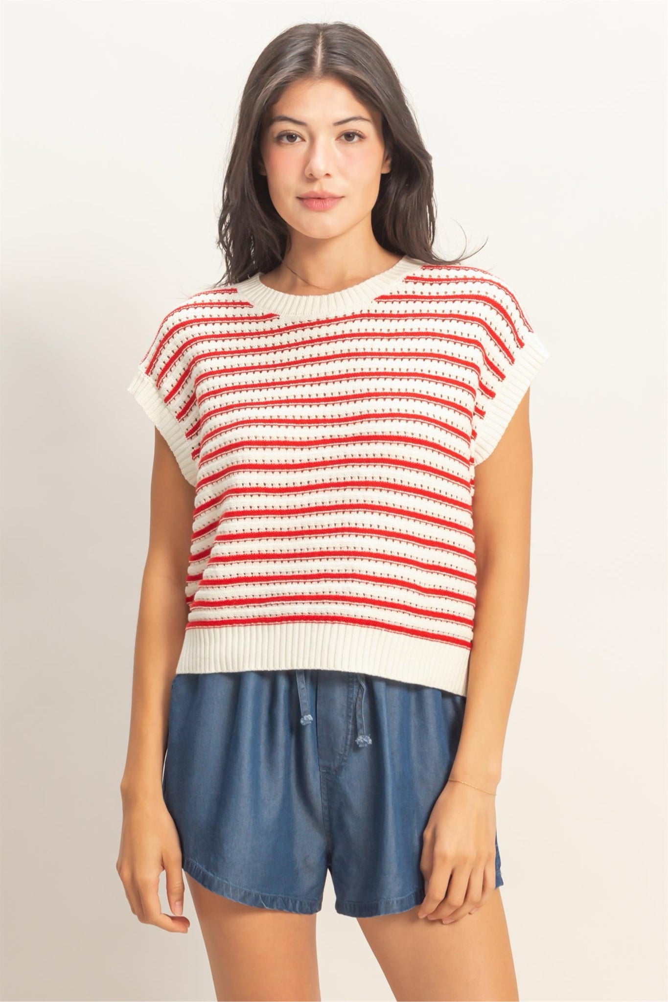 New DOUBLE ZERO Red stripe White Size S Short Sleeve Sweater