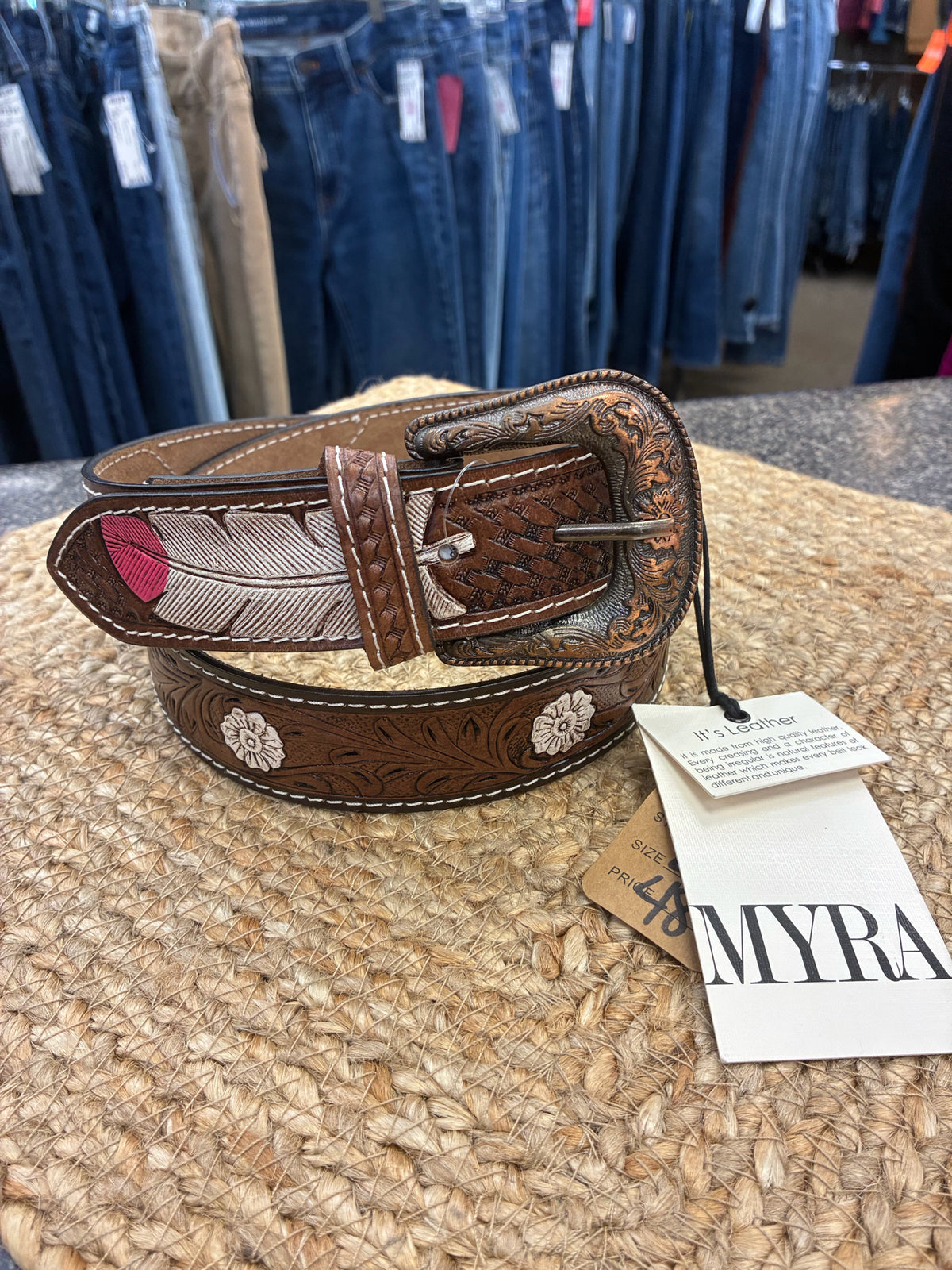 New with Tag Myra Bag Brown White Floral Blouse Size L BELT