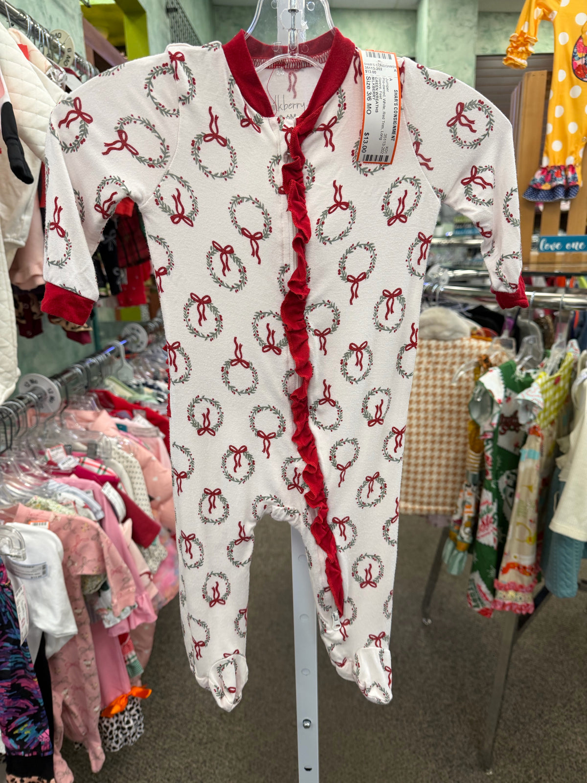 Pre-owned MILKBERRY White Red Trim Size 3/6 MO Long Sleeve Feet Jumper
