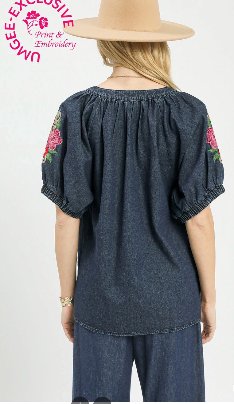 New UMGEE Dark Denim Multi Trim Size: S Short Sleeve Blouse