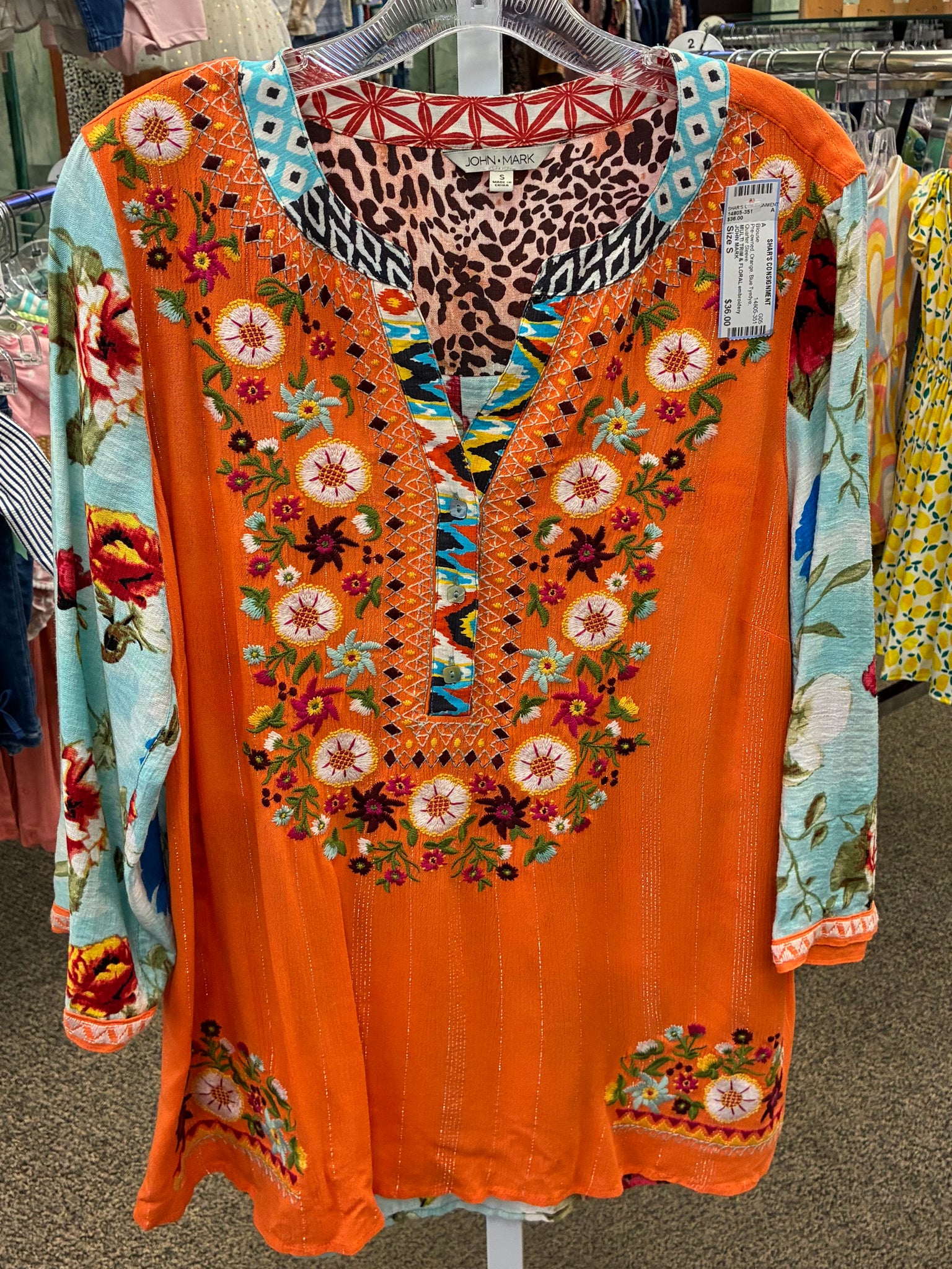 Pre-owned JOHN MARK Orange Blue Tyedye Size: S Quarter Sleeve Blouse