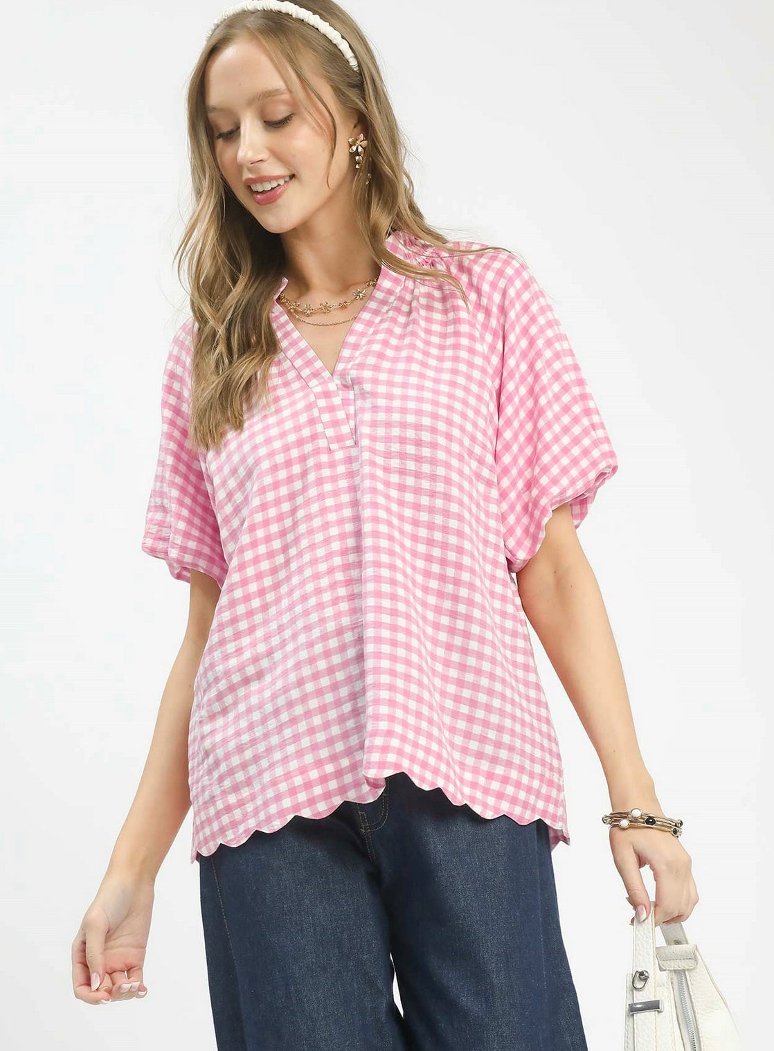 New UMGEE Pink White Size: S Short Sleeve Blouse