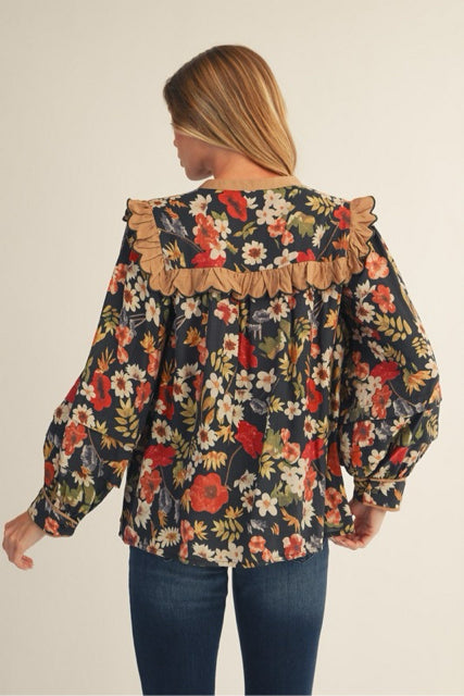 New JODIFL Navy floral Tan Trim Size S Long Sleeve Blouse