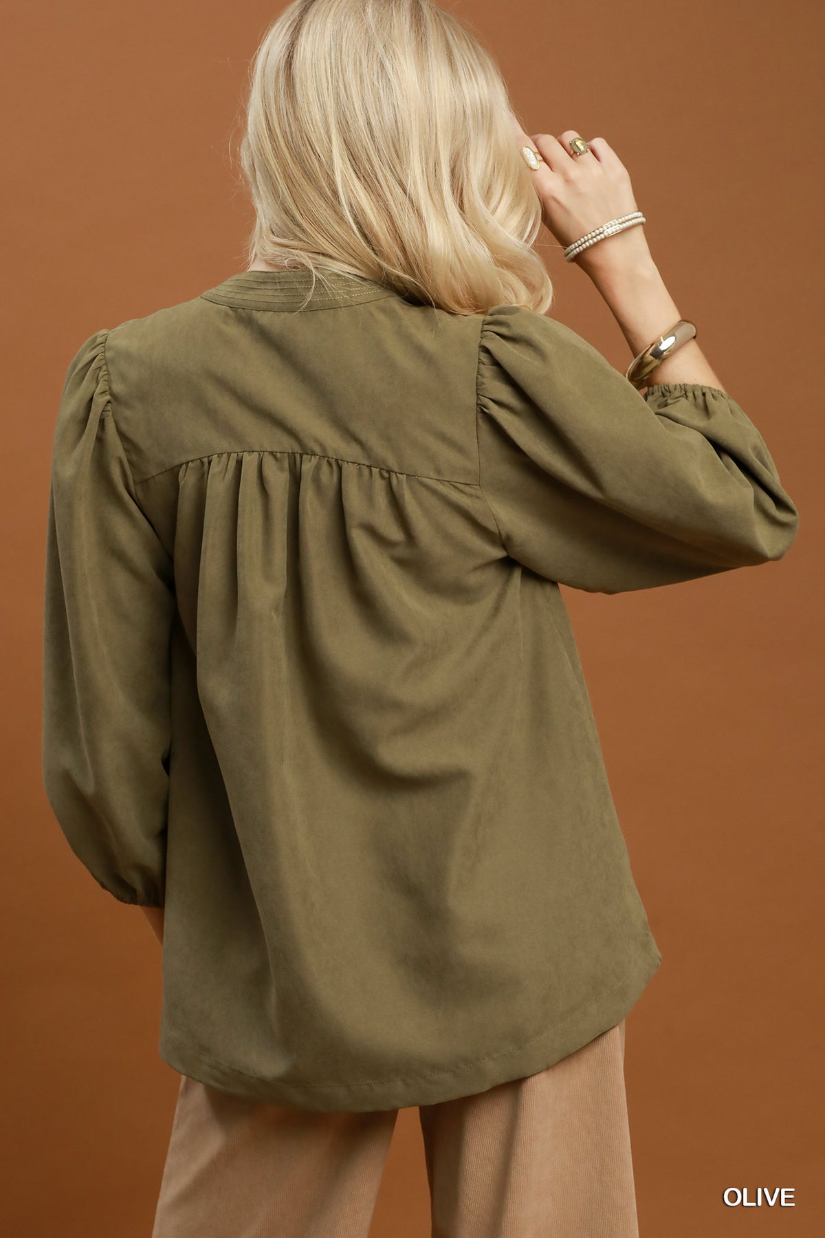 New UMGEE Olive Size: S Quarter Sleeve Blouse