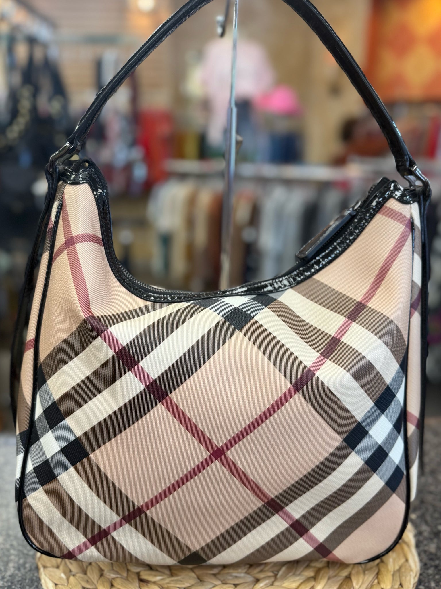 Pre-owned BURBERRY Tan Black Plaid Shoulder Designer Purse