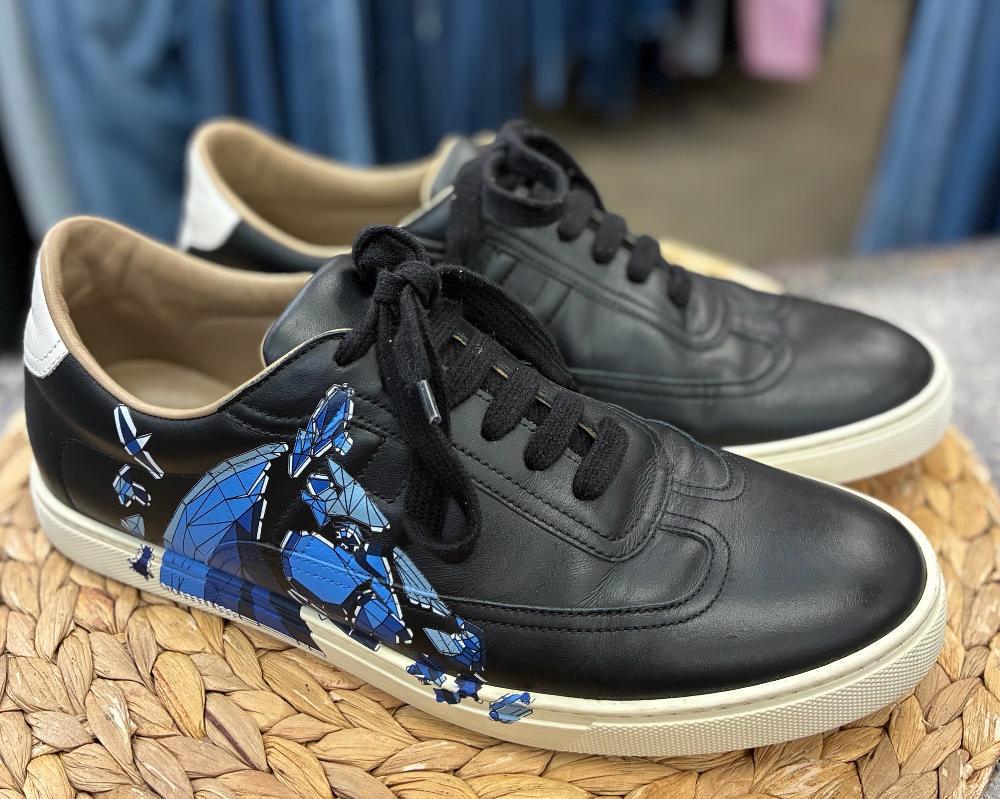 Pre-owned HERMES Black Blue Print SHOE SIZE 6.5 MENS Designer Sneaker