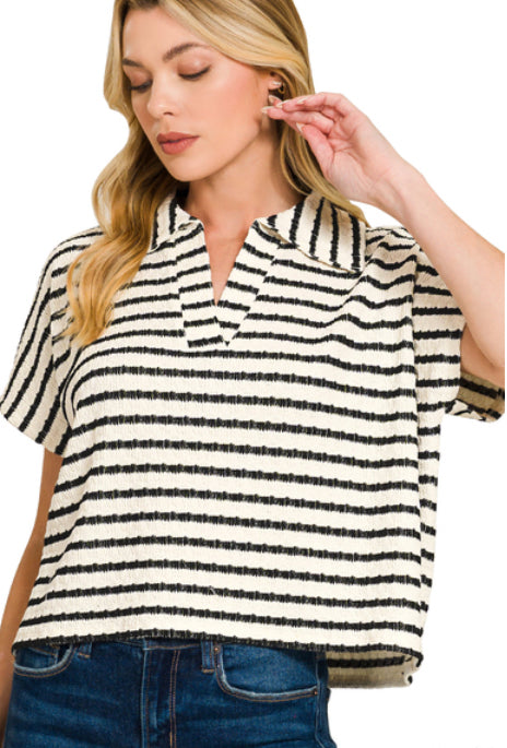 New Zenana Black stripe White Short Sleeve Blouse