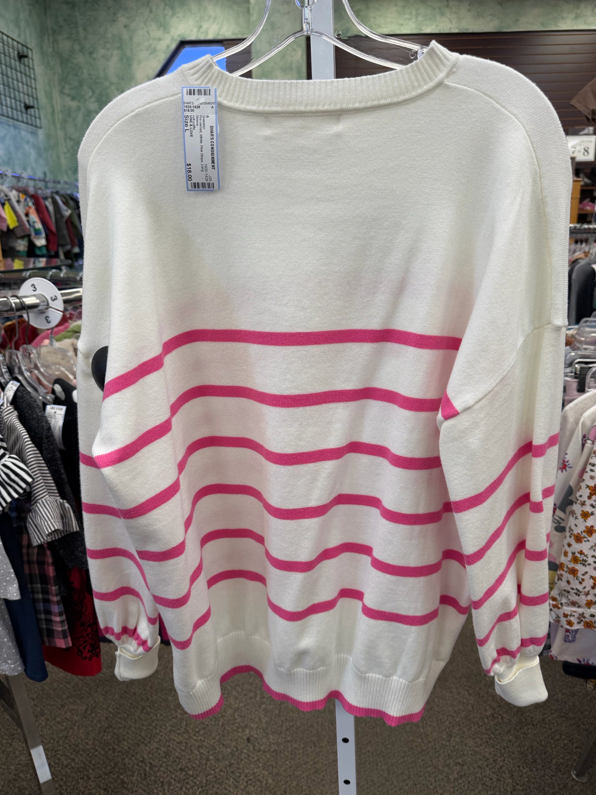 Pre-owned VINE & LOVE White Pink Stripe Size L Long Sleeve Sweater