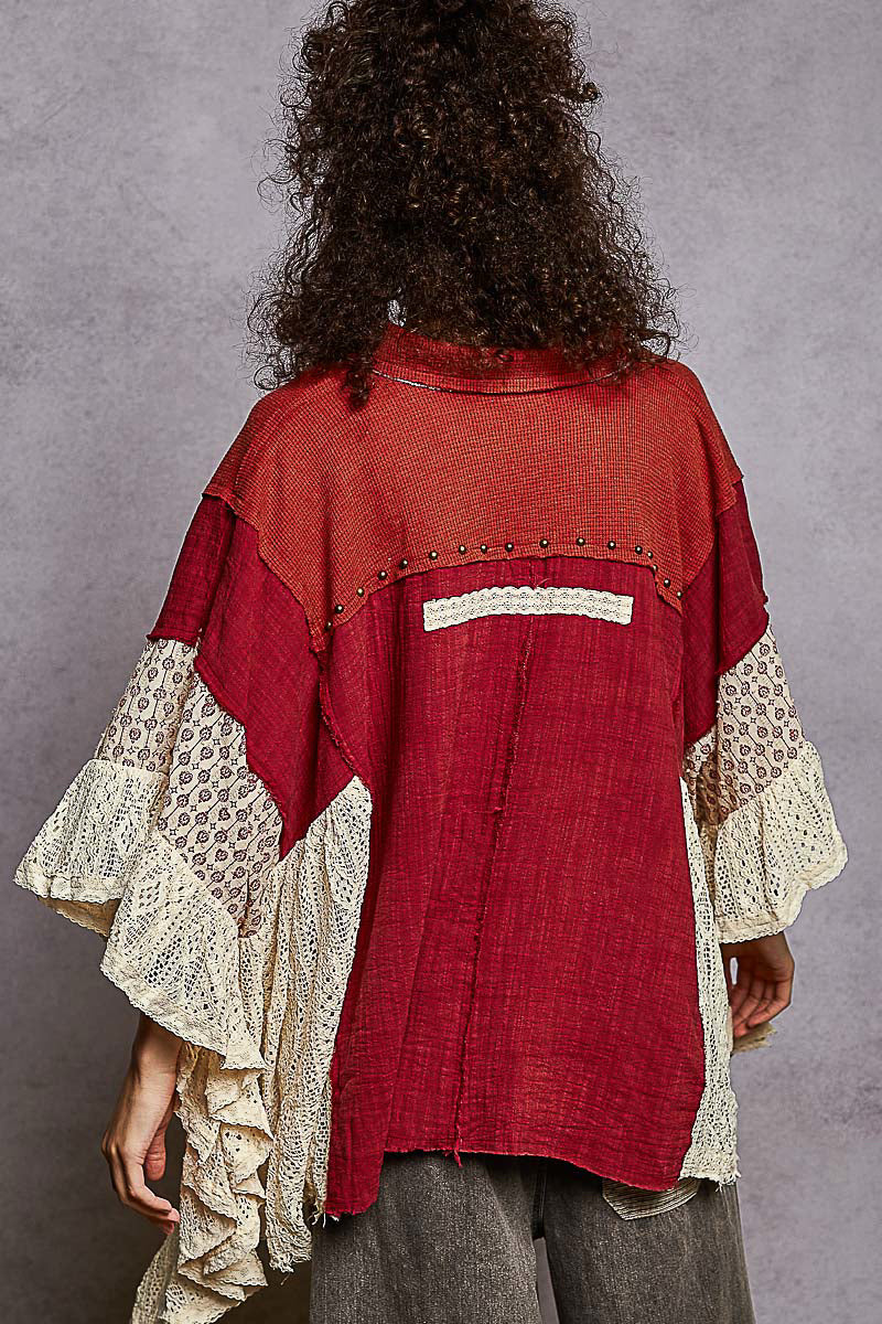 New POL Wine Cream Trim Size M/L Quarter Sleeve Blouse