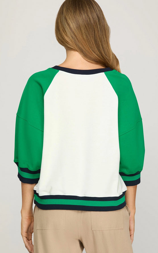 New SHE+SKY Green Cream Inside Quarter Sleeve Blouse