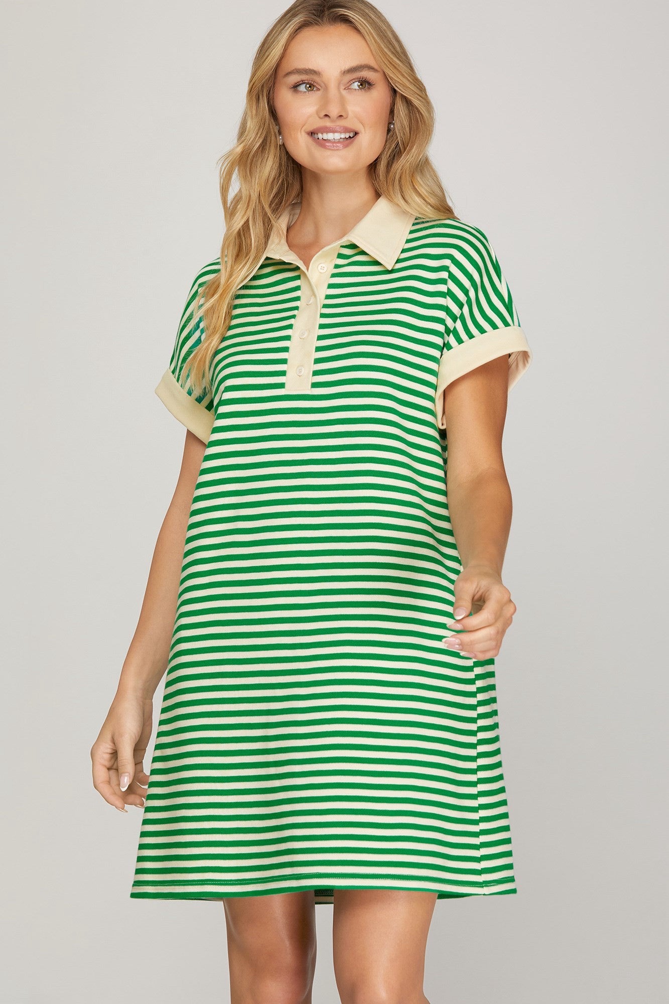 New SHE + SKY Green stripe Cream Size Small Short Sleeve Dress