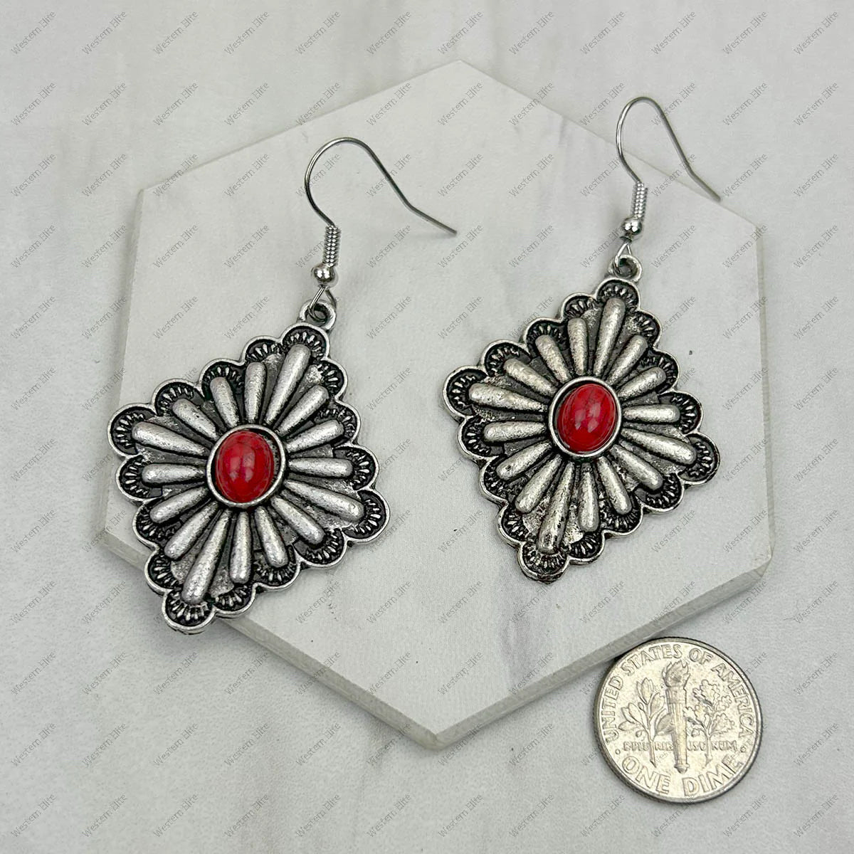 New WESTERN PEWTER Red Earring