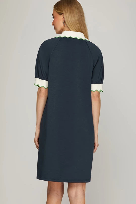New SHE + SKY Navy Cream Trim Size Small Short Sleeve Dress