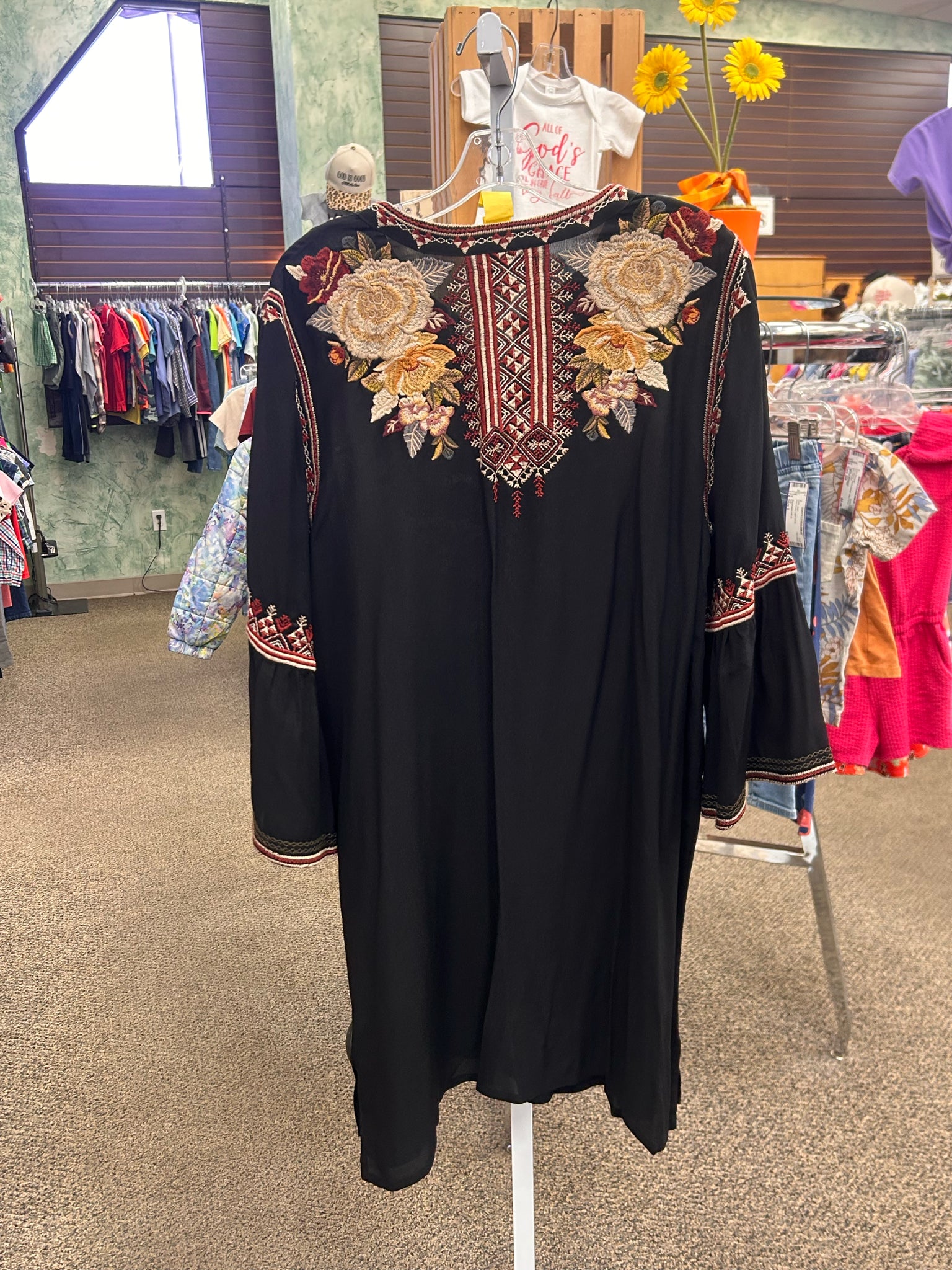 Pre-owned JOHNNY WAS Black Oatmeal Size 12 Long Sleeve Designer Dress