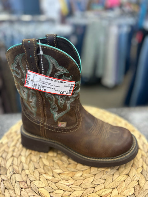 Pre-owned JUSTIN Brown Teal trim Size 8 Designer Boot