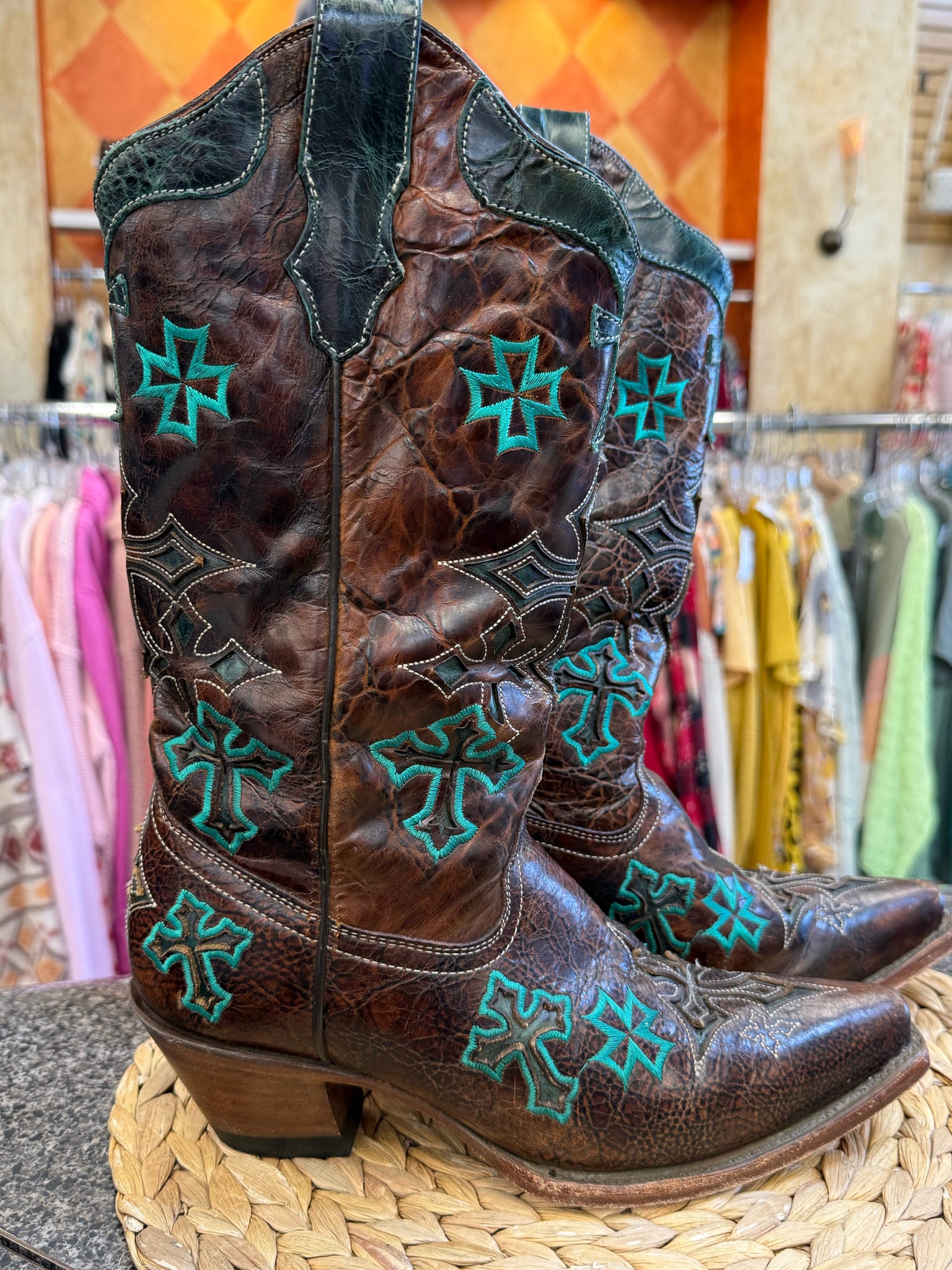 Pre-owned CORRAL Dark brown Teal Print Size 8 Designer Boot