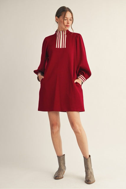 New JODIFL Wine Cream Trim Size Small Long Sleeve Dress