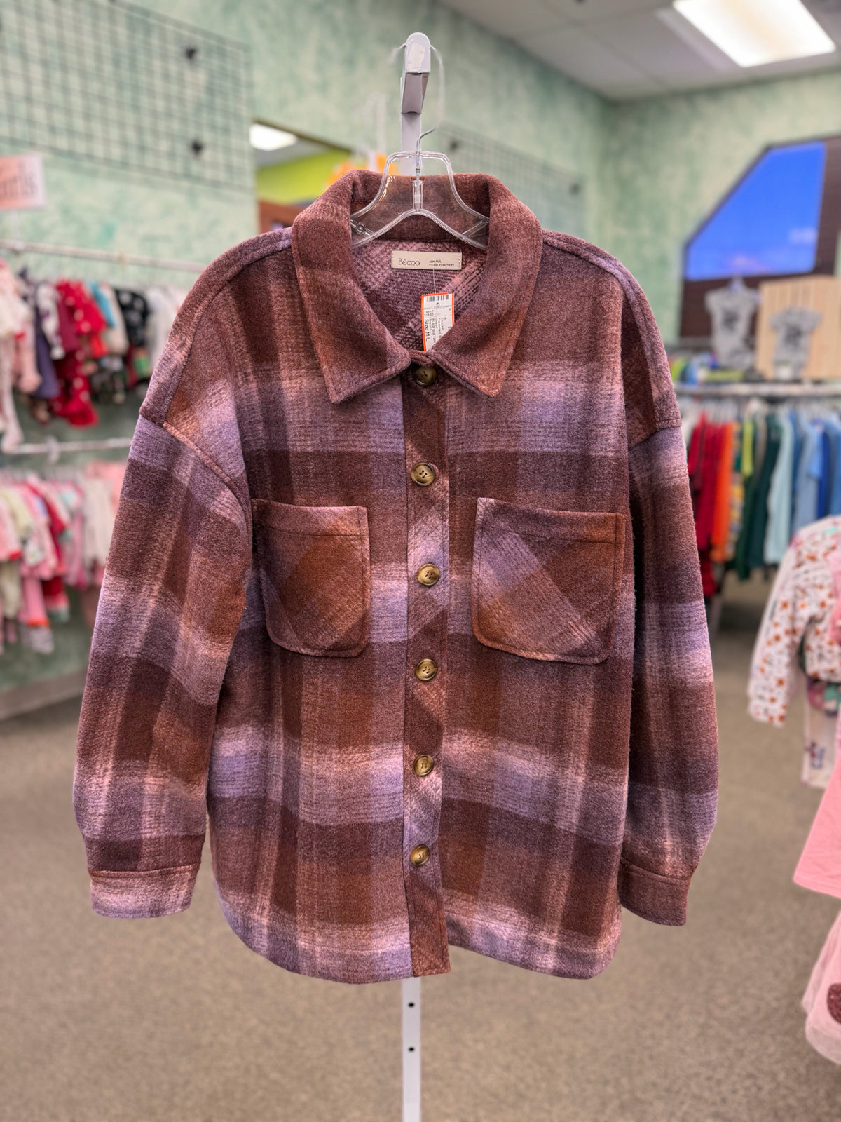 Pre-owned Becool Brown Lavender Plaid Size M/L Long Sleeve Shacket