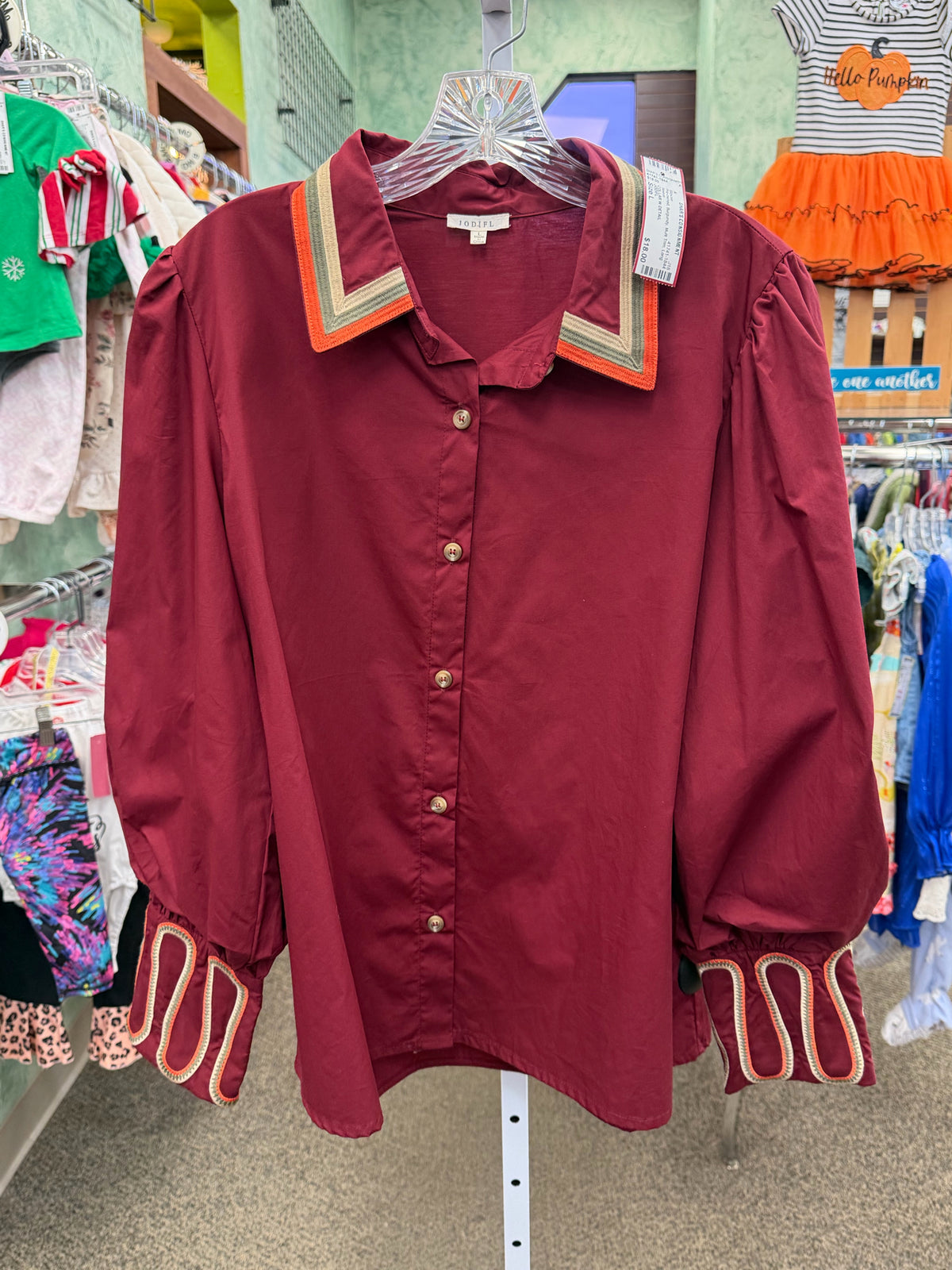 Pre-owned JODIFL Burgundy Multi Trim Size: L Long Sleeve Blouse